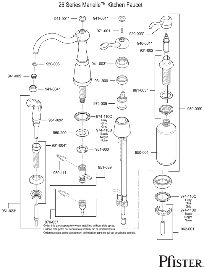 Pfister 26 Series Marielle Kitchen Faucet Replacement Parts